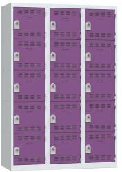 Vinco hegesztett öltözőszekrény, 3 oszlopban 15 rekesszel, 400 mm, forgóretesszel, szürke/lila
