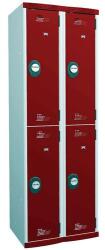 Acial hegesztett öltözőszekrény, 4 rekeszes, 300 mm széles, szürke/piros, számkódos zárral