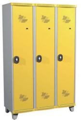 Acial hegesztett öltözőszekrény válaszfallal, 3 rekeszes, 400 mm, lábakon, forgóretesszel, szürke/sárga