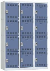 Vinco hegesztett öltözőszekrény, 3 oszlopban 12 rekesszel, 400 mm, forgóretesszel, szürke/kék