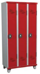 Acial hegesztett öltözőszekrény, 3 rekeszes, 300 mm, lábakon, forgóretesszel, szürke/piros