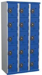 Acial hegesztett öltözőszekrény, 3 oszlopban 15 rekesszel, 300 mm, hengerzárral, szürke/kék