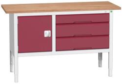 bott Verso műhelyasztal, állítható magasságú, 83-93 x 150 x 60 cm, multiplex, 3 fiók, 1 szekrény, szürke-piros