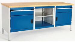 bott Cubio Tároló műhelyasztal, 84 x 200 x 75 cm, 2 szekrény, 2 fiók, nyitott tér polccal, linóleum, szürke-kék