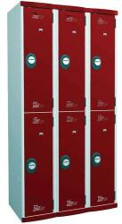 Acial hegesztett öltözőszekrény, 6 rekeszes, 300 mm széles, szürke/piros, számkódos zárral