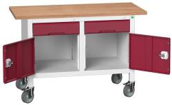 bott Verso Storage mobil műhelyasztal, 125 x 60 x 83 cm, multiplex, 2 fiók, 2 szekrény, szürke-piros