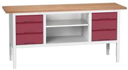 bott Verso műhelyasztal, állítható magasságú, 83-93 x 200 x 60 cm, multiplex, 6 fiókos, 1 polc, szürke-piros