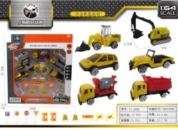 Fém teherautó klt. , munkagépes 6 db autó, közlekedési táblák, 25x29 cm dob