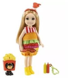 Barbie Chelsea Club: Szőke hajú baba hamburger jelmezben kutya figurával
