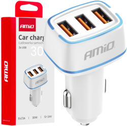 AMiO szivargyújtós autós töltő - 3x USB-A 30W - 12/24V 5V/3A