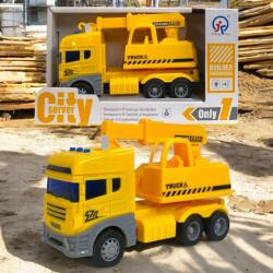  Teherautó, munkagépes, el. , hang-fény, lend. , kampós, 20x11 cm dob. Gombel