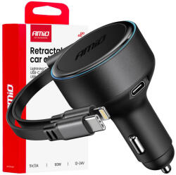 AMiO szivargyújtós autós töltő - USB-C - Lightning, behuzható - 60W 12/24V