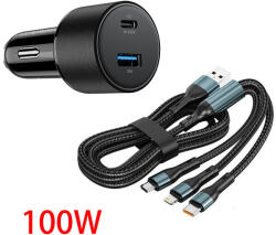  Gyors töltő USB/USB-C + 3 az 1ben - 5A 100W - 12-24V