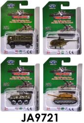  Fém katonai autó, - helikopter, - tank, szabadonfutó, 12 féle, 11x16 cm lapon