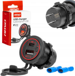AMiO USB/USB-C beépíthető aljzat - vízálló - 12/24V