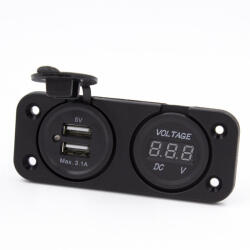 Maxspeed dupla. szerelhető USB aljzat voltmérővel - 9-30V