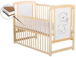 BabyNeeds - Patut din lemn Timmi 120x60 cm, Cu laterala culisanta, Din lemn de pin si mdf, Stabil si rezistent, Inaltime saltea reglabila pe 3 nivele, Laterala cu 3 bete detasabile, EN716-1, EN716-2, Natur + Sa