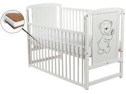 BabyNeeds - Patut din lemn Timmi 120x60 cm, Cu laterala culisanta, Din lemn de pin si mdf, Stabil si rezistent, Inaltime saltea reglabila pe 3 nivele, Laterala cu 3 bete detasabile, EN716-1, EN716-2, Alb + Salt