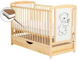 BabyNeeds - Patut din lemn Timmi 120x60 cm, Cu sertar cu capac, Din lemn de pin si mdf, Stabil si rezistent, Inaltime saltea reglabila pe 3 nivele, Laterala cu 3 bete detasabile, EN716-1, EN716-2, Natur + Salte