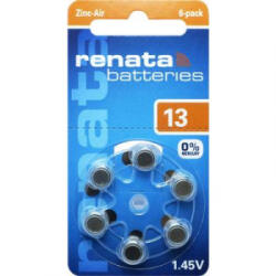 Renata ZA13 hallókészülék elem, cink-levegő, 1, 4V, 305 mAh, 6 db, Renata ZA13, PR48 (ZA13.DP6 0HG) - aqua
