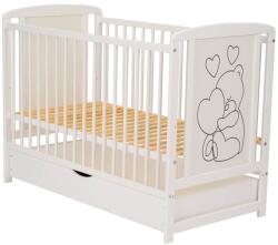 Qmini Patut din lemn de pin cu sertar si somiera reglabila Qmini Timmi Heart 120x60cm Alb (QMTIMH02AL)