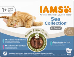 Iams 48x85g IAMS Advanced Nutrition Grain Free Sea Collection szószban nedves macskatáp 36+12 ingyen