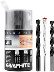 GRAPHITE Fúrókészlet, fém, fa, kőzefúrókkal, hengeres szár, 3, 4, 5, 6, 8, 10mm méretek, 18db (54T430) - olaj
