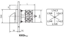 Ganz KK Kft KK0-20-6036 Voltmérő átkapcsoló, fogantyús kézikapcsoló 20A, 3 vonali és 3 fázisfeszültségre 0 állás nélkül IP44, Ganz (1AC6036AA00M40)