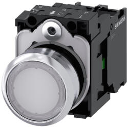 Siemens 3SU1156-0AB60-1BA0 komplett világító nyomógomb, fehér, 230VAC, 1NO, fém, csavaros Sirius (3SU11560AB601BA0)