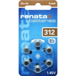 Renata ZA312 hallókészülék elem, cink-levegő, 1, 4V, 165 mAh, 6 db, Renata ZA312, PR41 (ZA312.DP6 0HG)