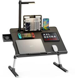 Saiji multifunkcionális laptopasztal, 600 mm x 450 mm x 384 mm, Led lámpa, könyv-/táblagép tartó, telefontartó, kellékdoboz, 4 felületbeállítási szög, 5 állítható magassági szint, összecsukható, feket