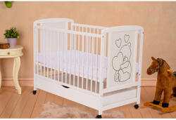 Qmini - Patut din lemn Timmi Heart 120x60 cm, Cu sertar, Din lemn de pin si mdf, Stabil si rezistent, Inaltime saltea reglabila (QMTIMH02AL)