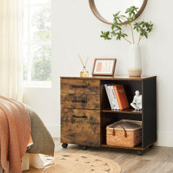 VASAGLE Ipari Stílusú Gurulós Irattartó Szekrény Nyitott Polcokkal Rusztikus Barna-Fekete