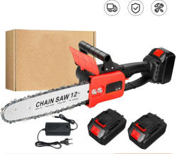 Elektromos láncfűrész, 1200W teljesítmény, 2 db 48V-os akkumulátor, 4200 fordulat/perc, piros-fekete színben