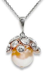 Swarovski Kristályos Gyöngy Ezüst Nyaklánc - Fehér Gyöngy, Rózsaszín Arany
