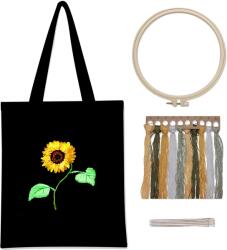  Hímzéskészlet, tartalmazza a fekete vászon táskát, három egyedi mintát, Napraforgó