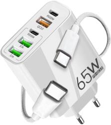 Planet Tech Комплект зарядно устройство и кабел, 65W бързо зареждане, 5 порта, 3 x USB, 2 x Type-C, универсално съвместимо iPhone, Huawei, Samsung, Xiaomi, Бяло (TRG-156 Cable)
