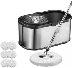  Felmosóvödör szett centrifugával és 360 fokos forgatással, rozsdamentes acélból, Arvada MagicClean®, ovális vödör, méretek 42x26x22cm, fényes felület és vízleeresztő nyílás 6 fehér utántöltőv