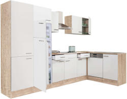 Leziter Yorki 340 sarok konyhablokk sonoma tölgy korpusz, selyemfényű fehér fronttal polcos szekrénnyel és felülfagyasztós hűtős szekrénnyel (LS340STFH-PSZ-FF)