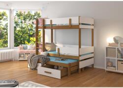 ADRK Háromszemélyes emeletes ágy matracokkal ETAPO 180x80, Tölgyfa, Fehér - mindigbutor