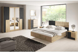 TEMPO KONDELA Hálószoba szett (szekrény+ágy+2x éjjeliszekrény), artisan tölgy/fekete norvég fenyő, BAFRA - smartbutor