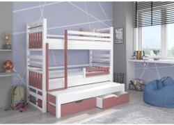 ADRK Háromszintes emeletes ágy matraccal HIPPO 180x80, Fehér, Rózsaszín - mindigbutor
