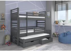 ADRK Háromszintes emeletes ágy matraccal HIPPO 180x80, Grafitszürke - mindigbutor