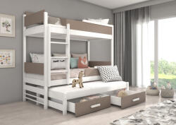 ADRK Háromszemélyes emeletes ágy Queen méretű matraccal 180x80, Fehér, Trüffel - smartbutor