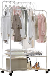 TEMPO KONDELA Kétsoros mozgatható akasztó, polcokkal, fehér, RAINER - smartbutor