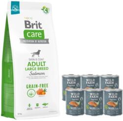 Brit BRIT CARE Dog Gabonamentes felnőtt nagytestű lazac 12kg + WILD FARM Superfood Lazac (Lazac cukkinivel, édesburgonyával és gyógynövényekkel) 6x800g gabonamentes kutyatáp