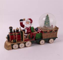  Hógömb mikulás vonaton, fenyővel, ledes, zenélő, poly 36x20cm (045935)