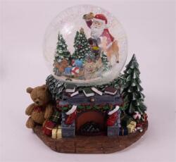  Hógömb kandalló, mikulással, fenyőkkel ledes, zenélő, poly 23x23cm (431346)
