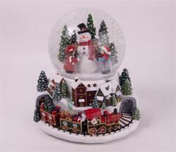  Hógömb hóember gyerekkel, ledes, zenélő, mozgó vasúttal, poly 23cm piros, zöld, dioráma (045932)