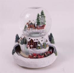  Hógömb havas táj, ledes, zenélő, mozgó vasúttal, poly 23cm piros, zöld, dioráma (045933)